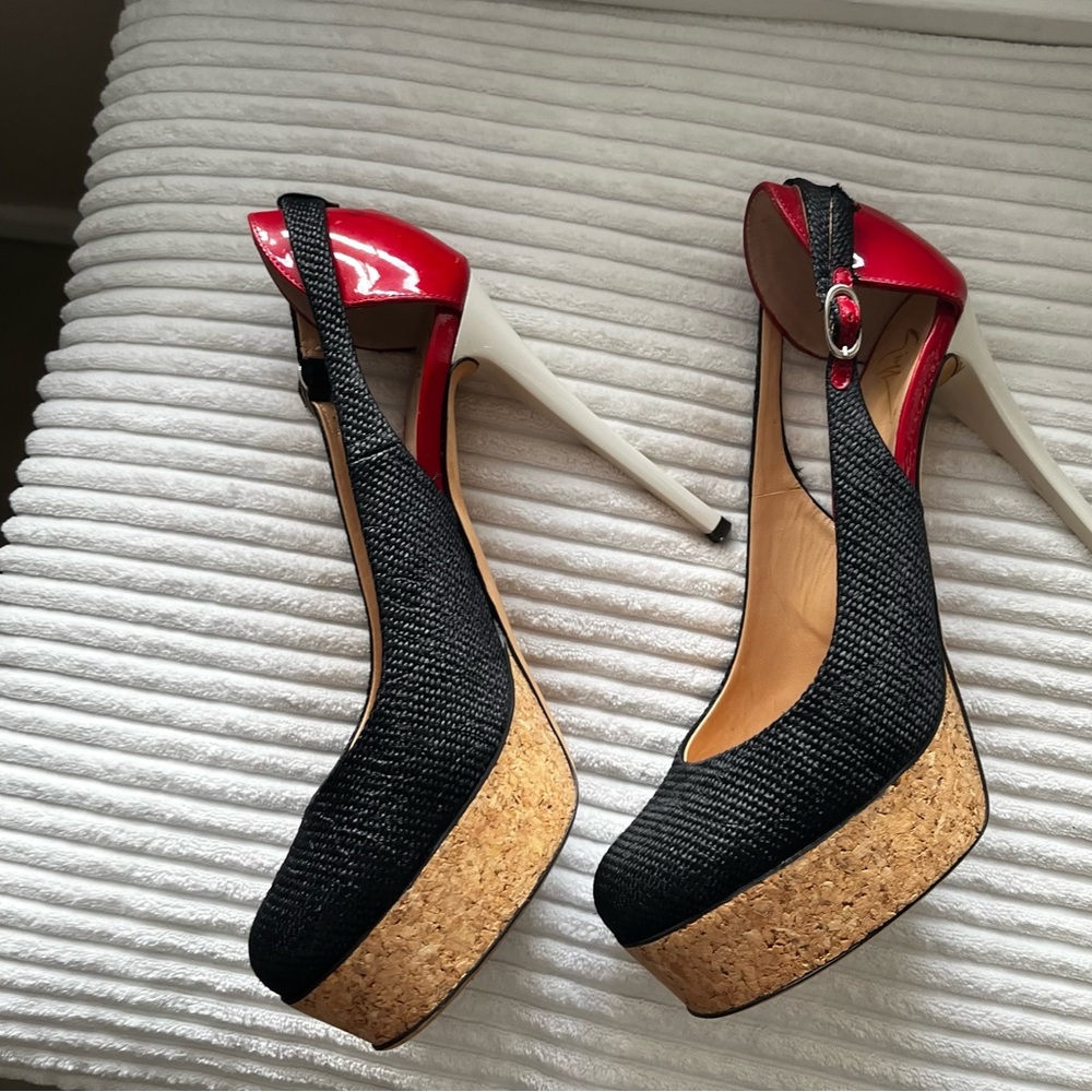 Giuseppe Zanotti Black Canvas and Patent Leather Five Inch Heel Shoes